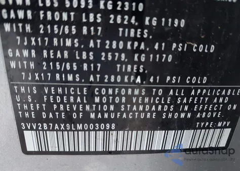 2020 Volkswagen Tiguan 2.0T Se/2.0T Se R-Line Black/2.0T Sel из США, поврежденный, VIN 3VV2B7AX9LM003098